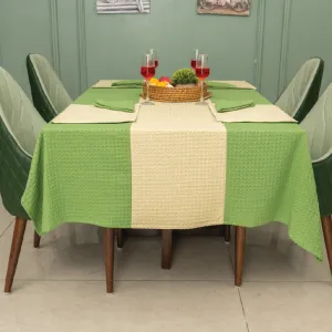 100% Cotton Waffle weave dining table cover Combo - 1 Table Cloth, 4 reversible Placemats and 4 matching solid-colored Napkins - Sage Green & Beige