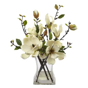15" Artificial Magnolia Arrangement w/Vase - Low Maintenance, Life-Like & Vibrant Silk Flowers For Busy People.