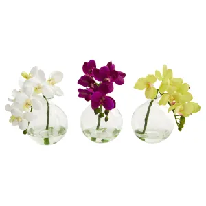 9" Artificial Phalaenopsis Orchid Arrangement in Vase (Set of 3) - Low Maintenance, Life-Like & Vibrant Silk Flowers For Busy People.