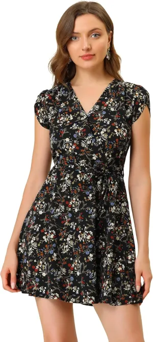 Allegra K Women's Boho Crossover V Neck Petal Sleeves Belted Floral Flowy Dress