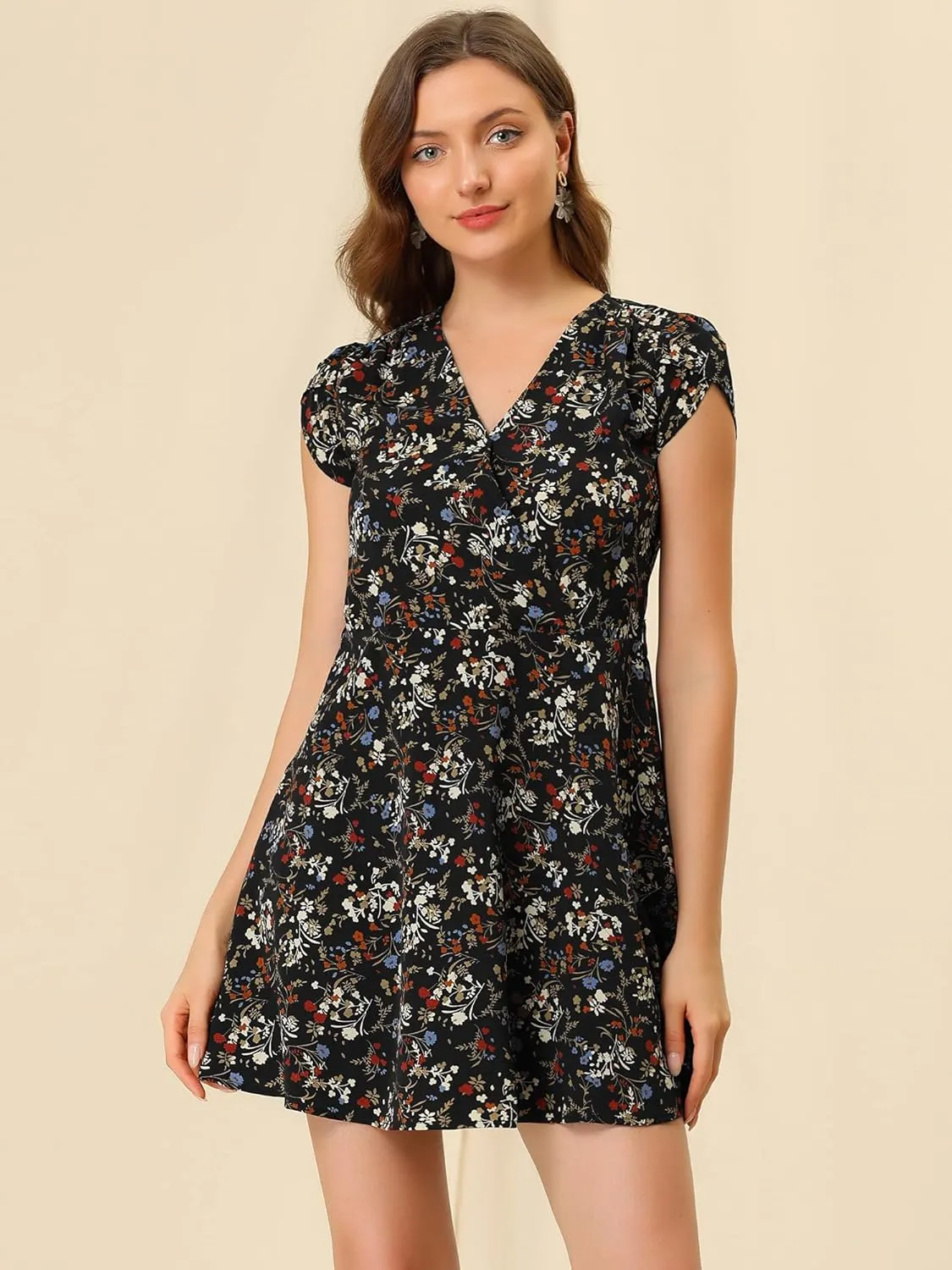 Allegra K Women's Boho Crossover V Neck Petal Sleeves Belted Floral Flowy Dress