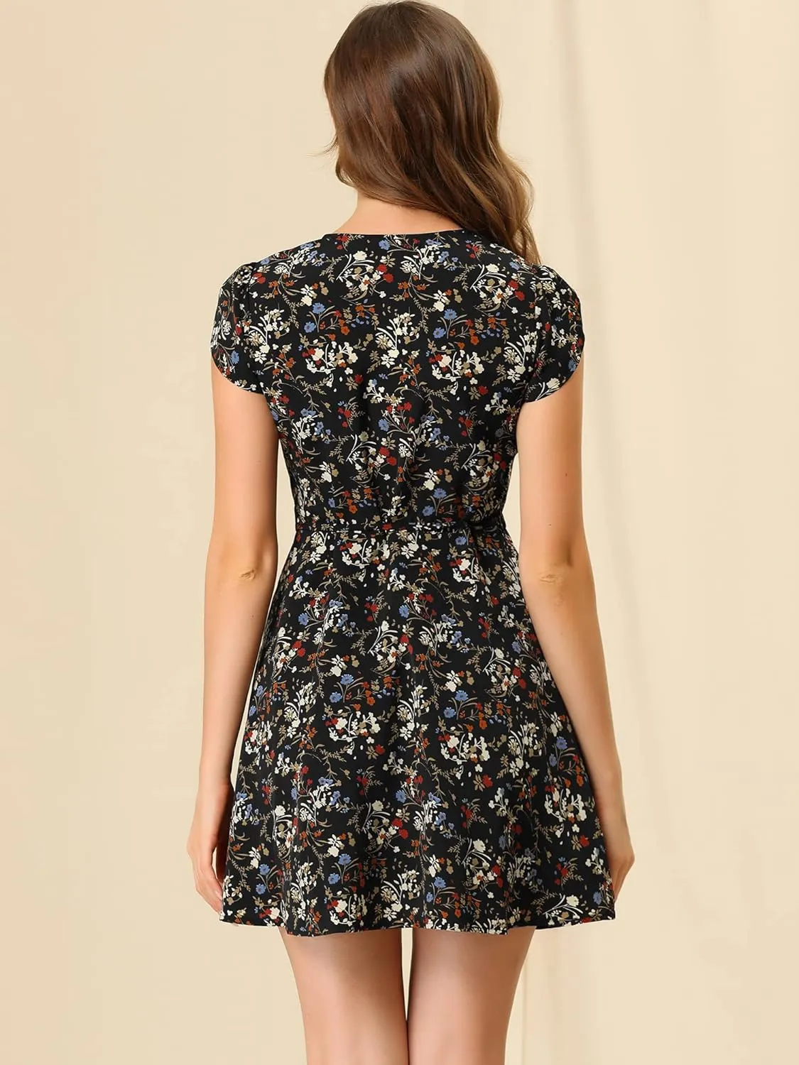 Allegra K Women's Boho Crossover V Neck Petal Sleeves Belted Floral Flowy Dress
