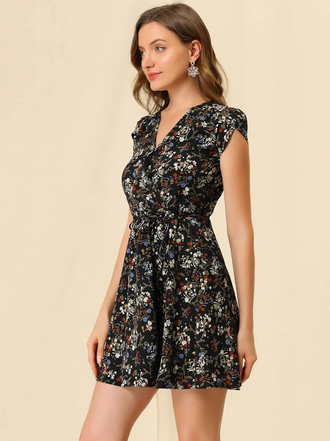 Allegra K Women's Boho Crossover V Neck Petal Sleeves Belted Floral Flowy Dress