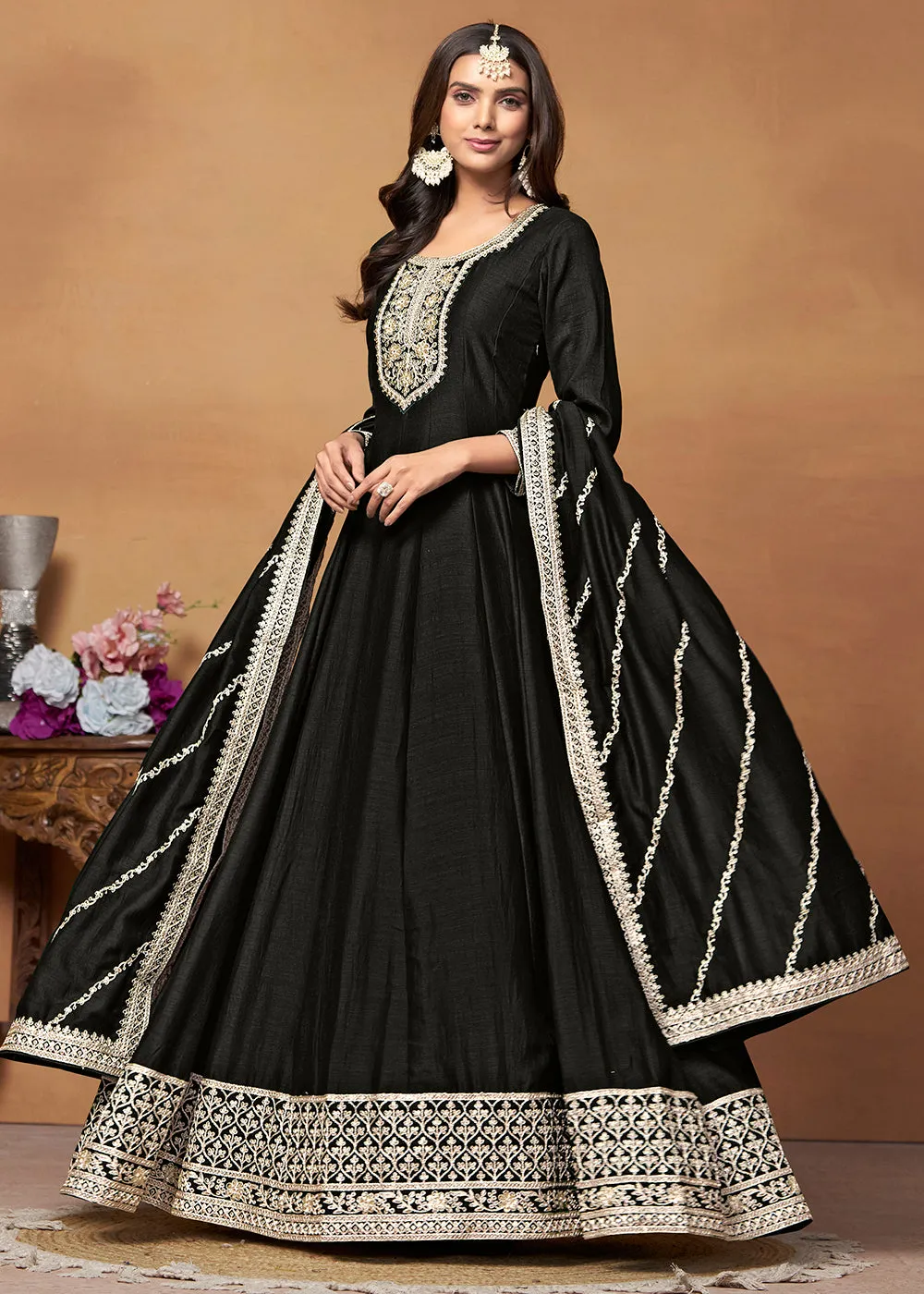 Amazing Art Silk Black Embroidered Festive Anarkali Suit