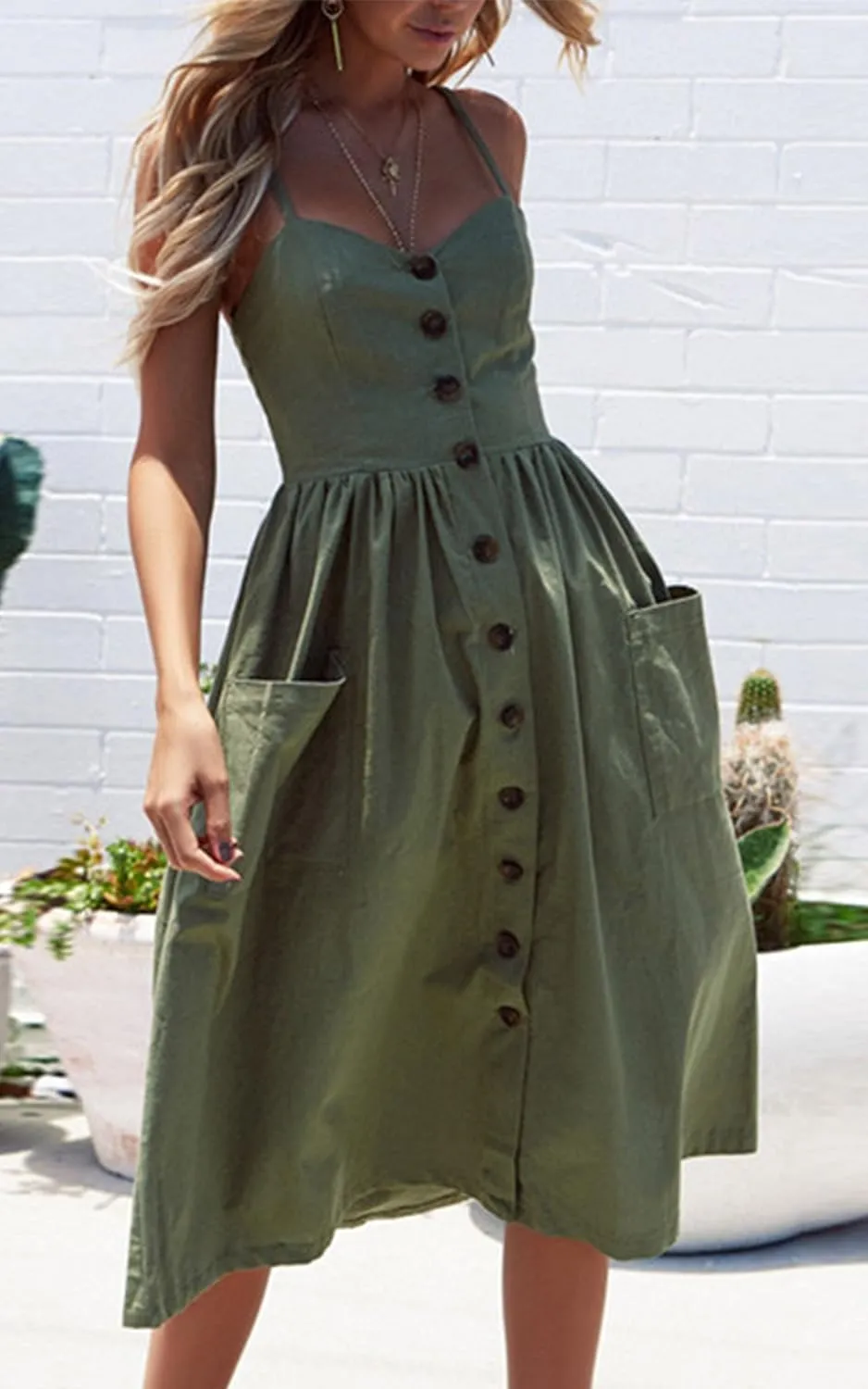 Angashion Women's Dresses-Summer Floral Bohemian Spaghetti Strap Button Down Swing Midi Dress