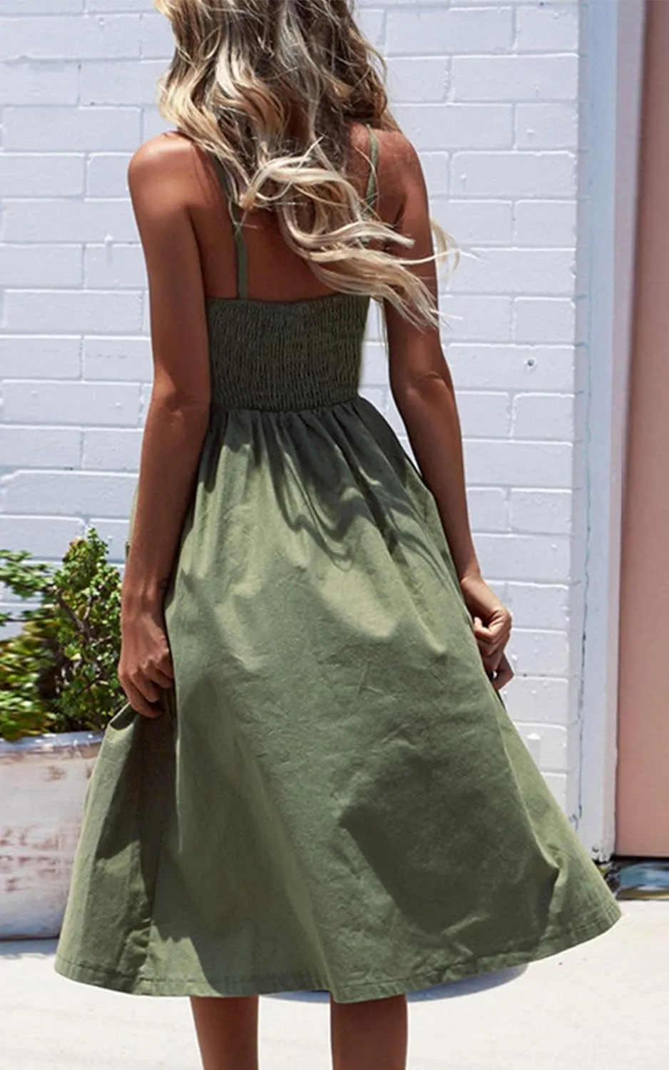 Angashion Women's Dresses-Summer Floral Bohemian Spaghetti Strap Button Down Swing Midi Dress