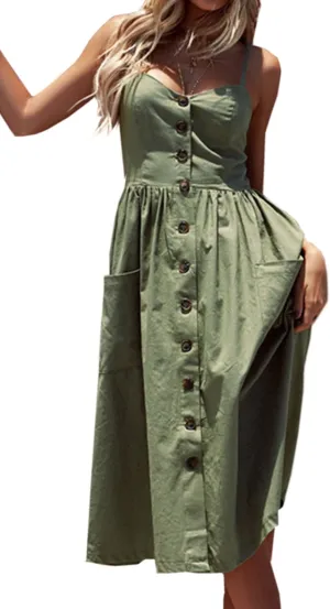 Angashion Women's Dresses-Summer Floral Bohemian Spaghetti Strap Button Down Swing Midi Dress