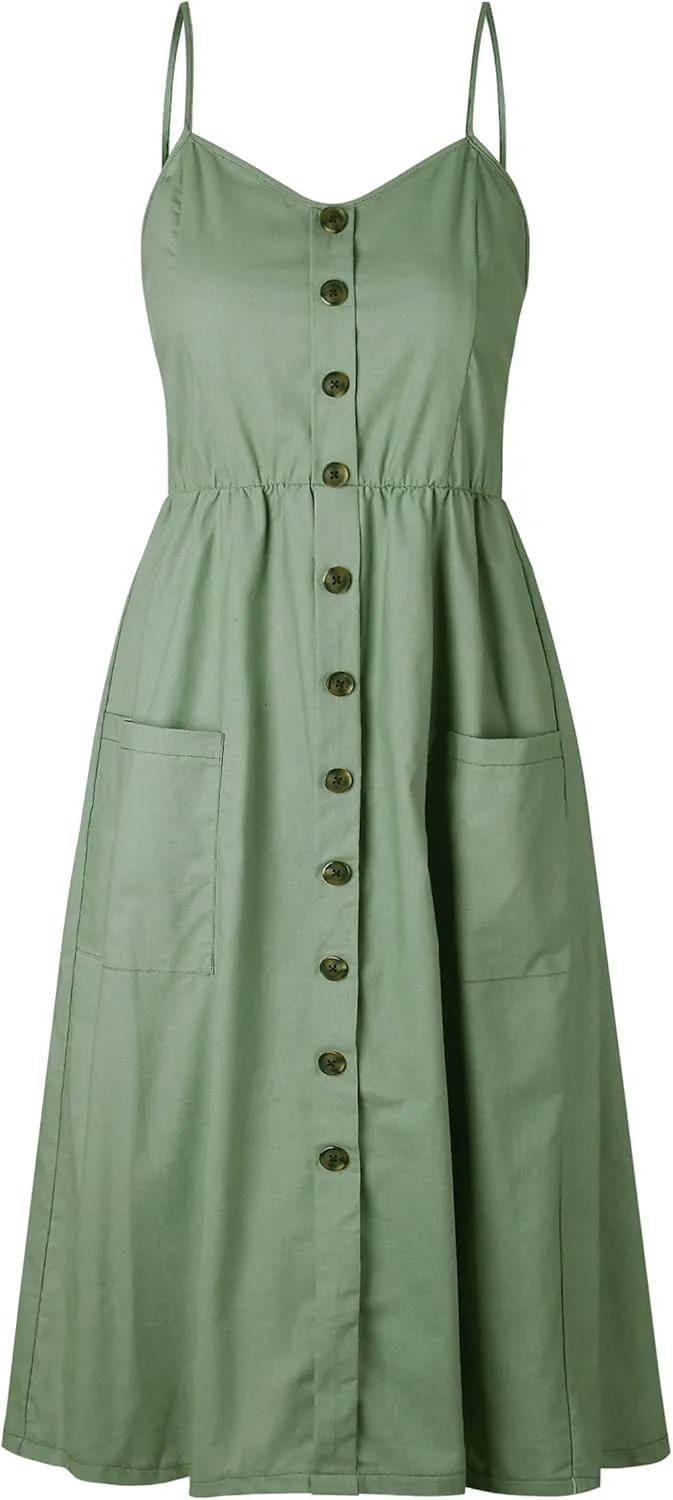 Angashion Women's Dresses-Summer Floral Bohemian Spaghetti Strap Button Down Swing Midi Dress