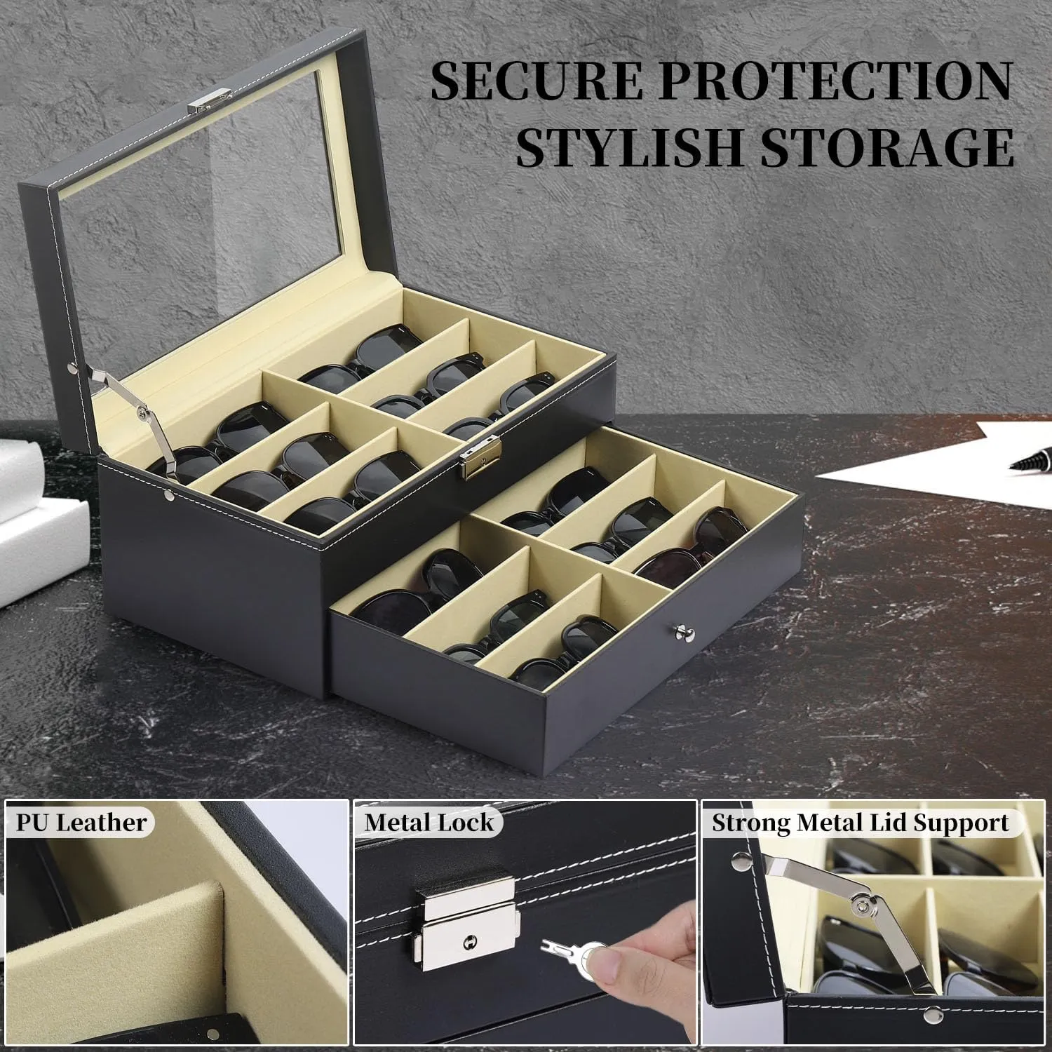 AUTOARK Leather 12 Piece Eyeglasses Storage and Sunglass Glasses Display Drawer Lockable Case Organizer,Black,AW-023