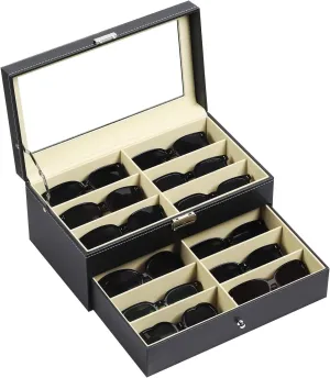 AUTOARK Leather 12 Piece Eyeglasses Storage and Sunglass Glasses Display Drawer Lockable Case Organizer,Black,AW-023