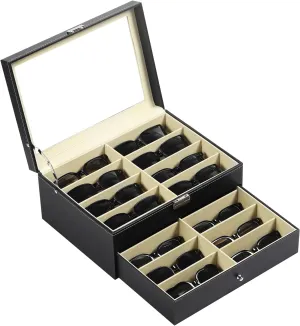 AUTOARK Leather 16 Piece Eyeglasses Storage and Sunglass Glasses Display Drawer Lockable Case Organizer,Black,AW-093
