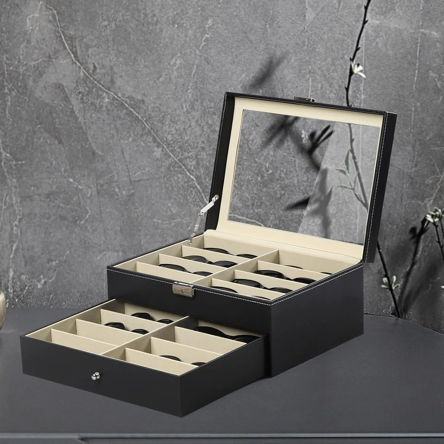 AUTOARK Leather 16 Piece Eyeglasses Storage and Sunglass Glasses Display Drawer Lockable Case Organizer,Black,AW-093