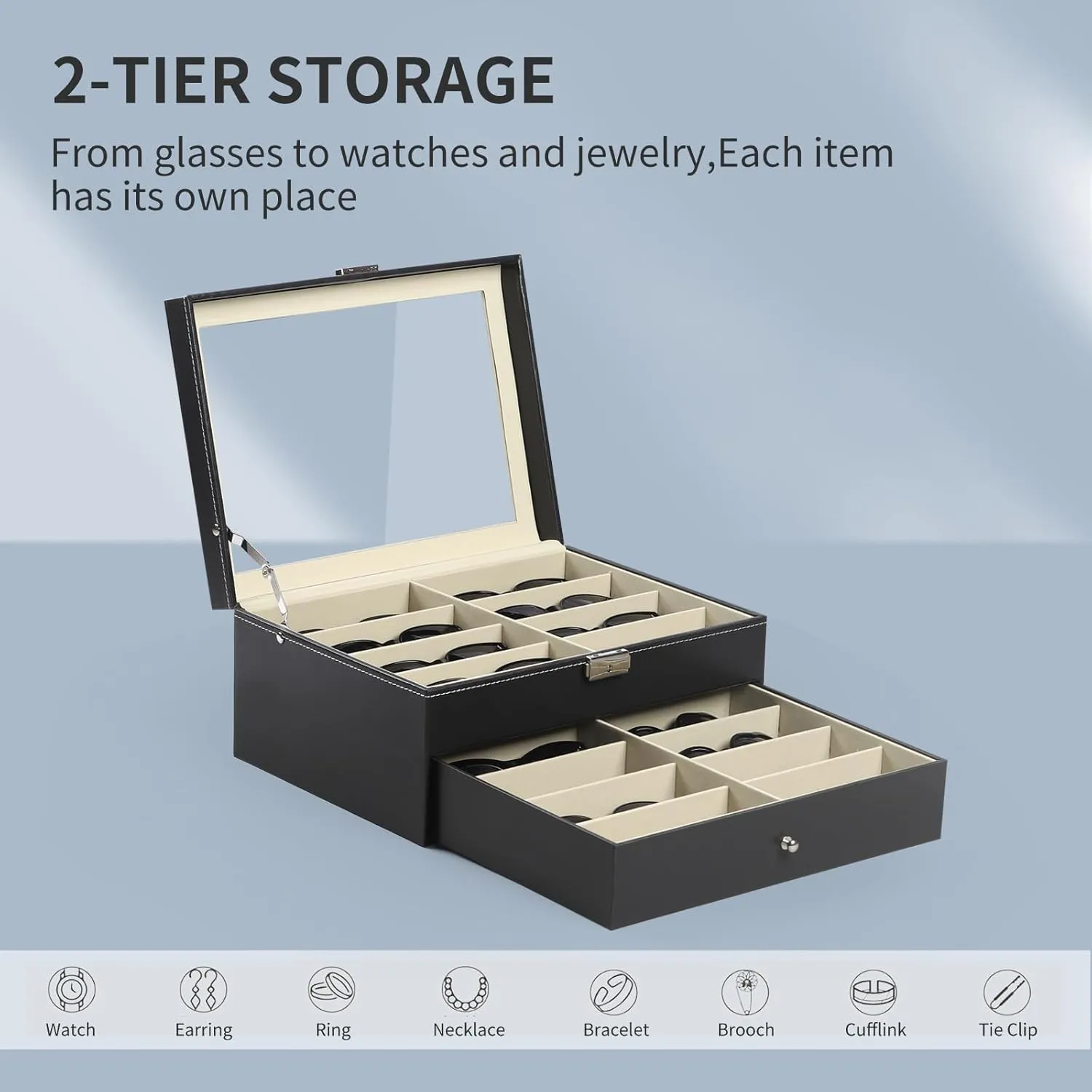 AUTOARK Leather 16 Piece Eyeglasses Storage and Sunglass Glasses Display Drawer Lockable Case Organizer,Black,AW-093