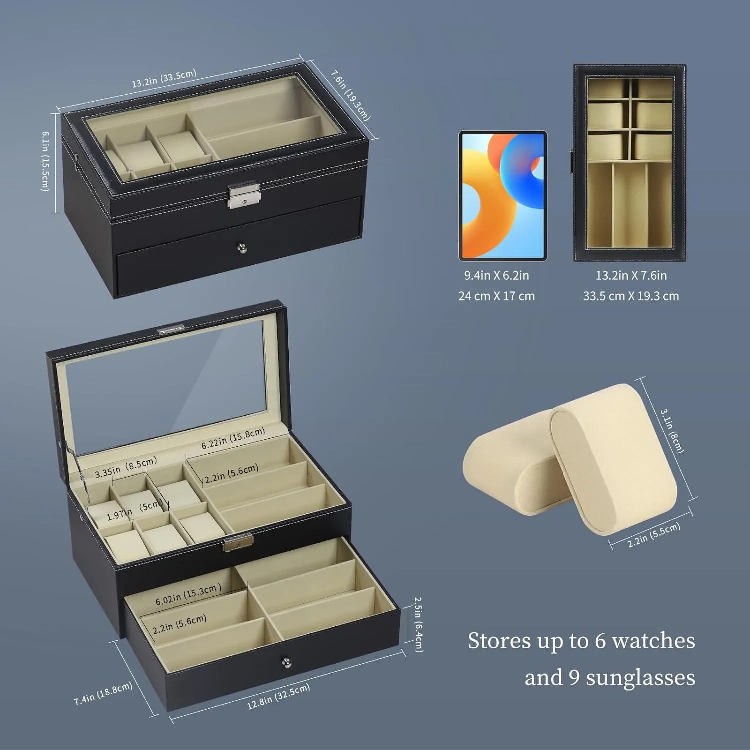 AUTOARK Leather 6 Watch Box Jewelry Case and 9 Piece Eyeglasses Storage and Sunglass Glasses Display Drawer Lockable Case Organizer,Black,AW-048