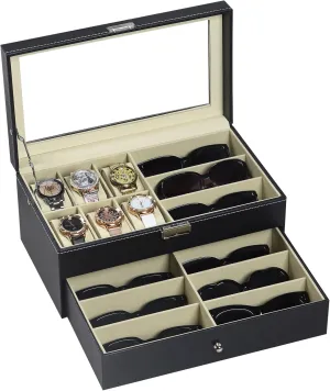 AUTOARK Leather 6 Watch Box Jewelry Case and 9 Piece Eyeglasses Storage and Sunglass Glasses Display Drawer Lockable Case Organizer,Black,AW-048