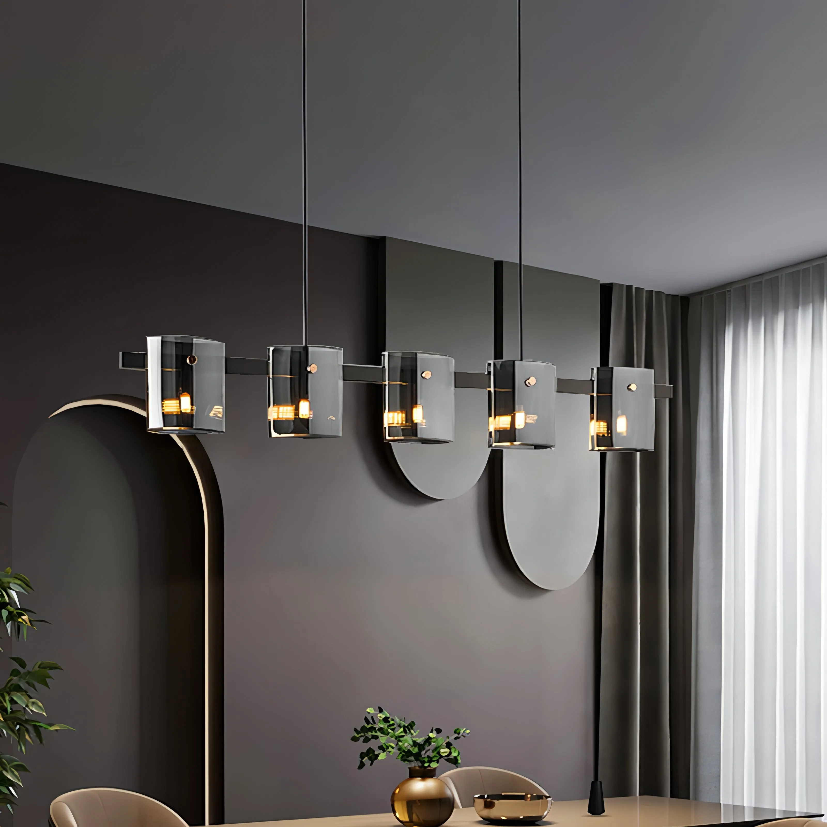 Axton - Hanging Multi Head Tinted Curved Glass Ceiling Light Chandelier