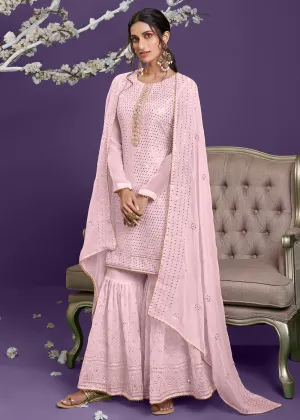 Barbie Pink Khatli Work Embroidered Georgette Sharara Suit