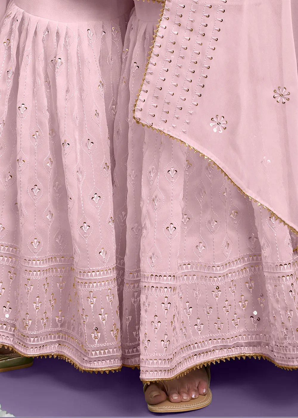 Barbie Pink Khatli Work Embroidered Georgette Sharara Suit