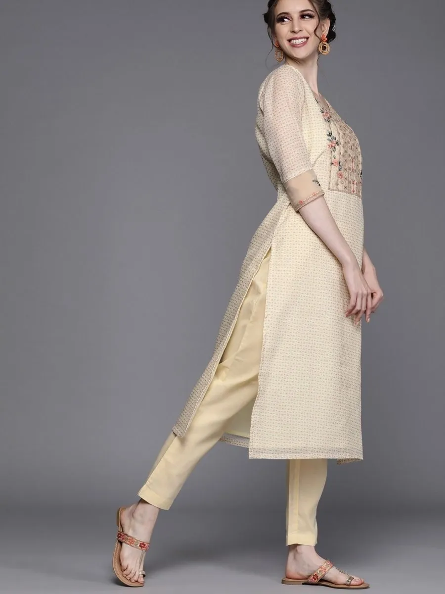 Beige Chanderi Cotton Printed Straight Cut Suit