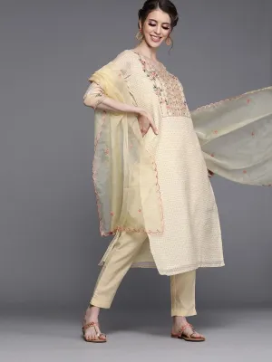Beige Chanderi Cotton Printed Straight Cut Suit
