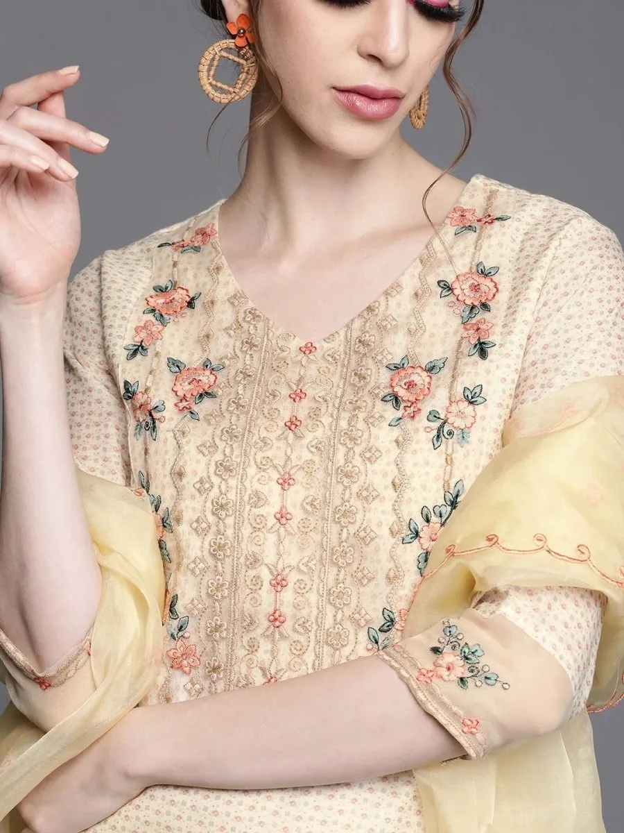 Beige Chanderi Cotton Printed Straight Cut Suit