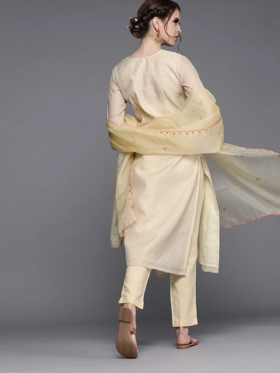 Beige Chanderi Cotton Printed Straight Cut Suit