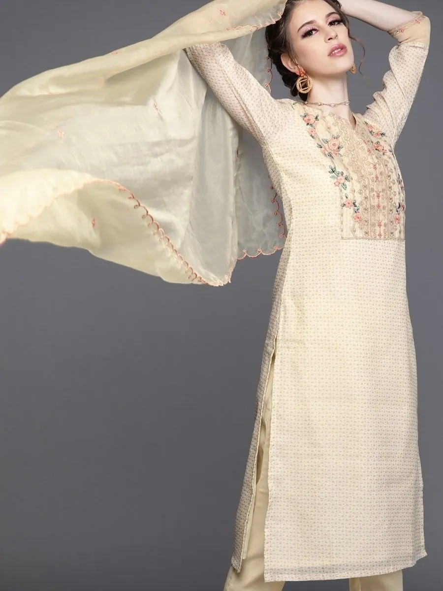 Beige Chanderi Cotton Printed Straight Cut Suit