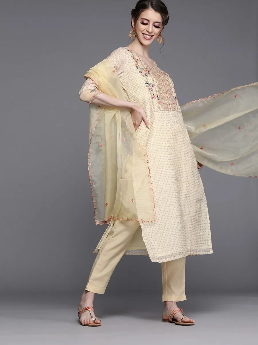 Beige Chanderi Cotton Printed Straight Cut Suit
