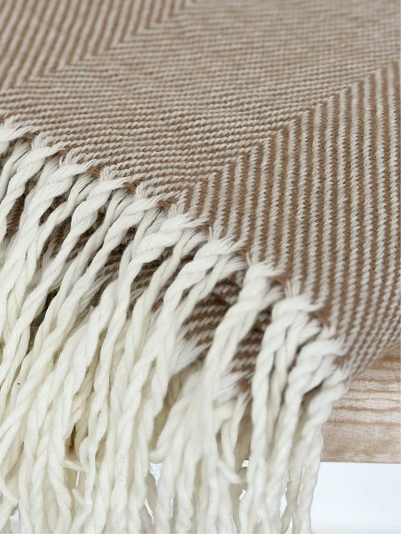 Beige Herringbone Brown Tasseled Throw Blanket