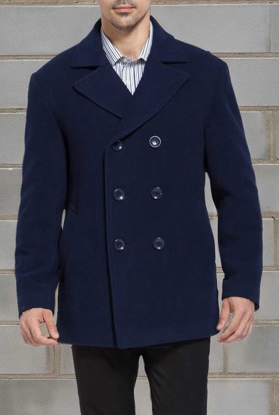 BGSD Men Mark Classic Wool Blend Double Breasted Walking Pea Coat (Also available in Big and Tall and Short)
