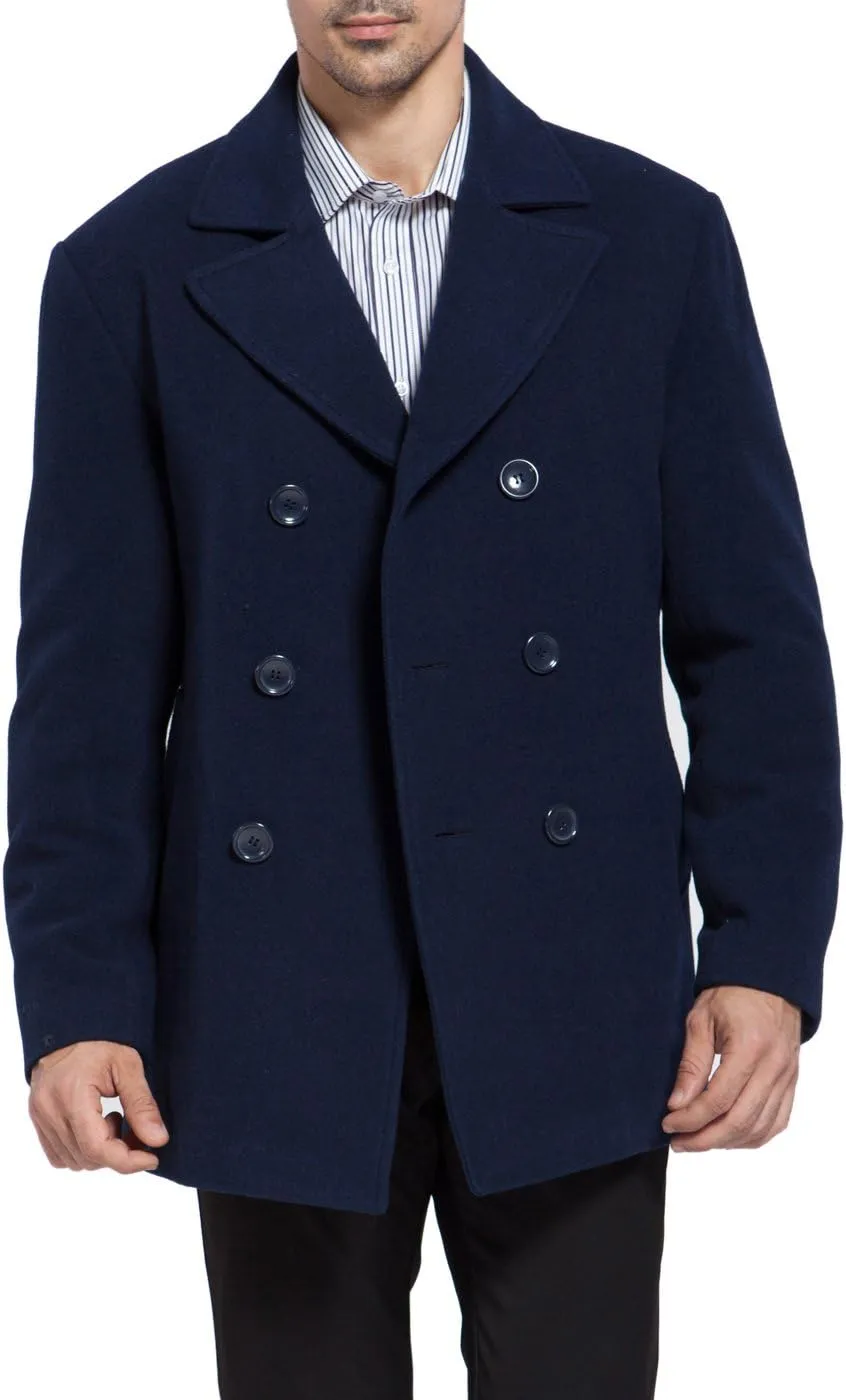 BGSD Men Mark Classic Wool Blend Double Breasted Walking Pea Coat (Also available in Big and Tall and Short)
