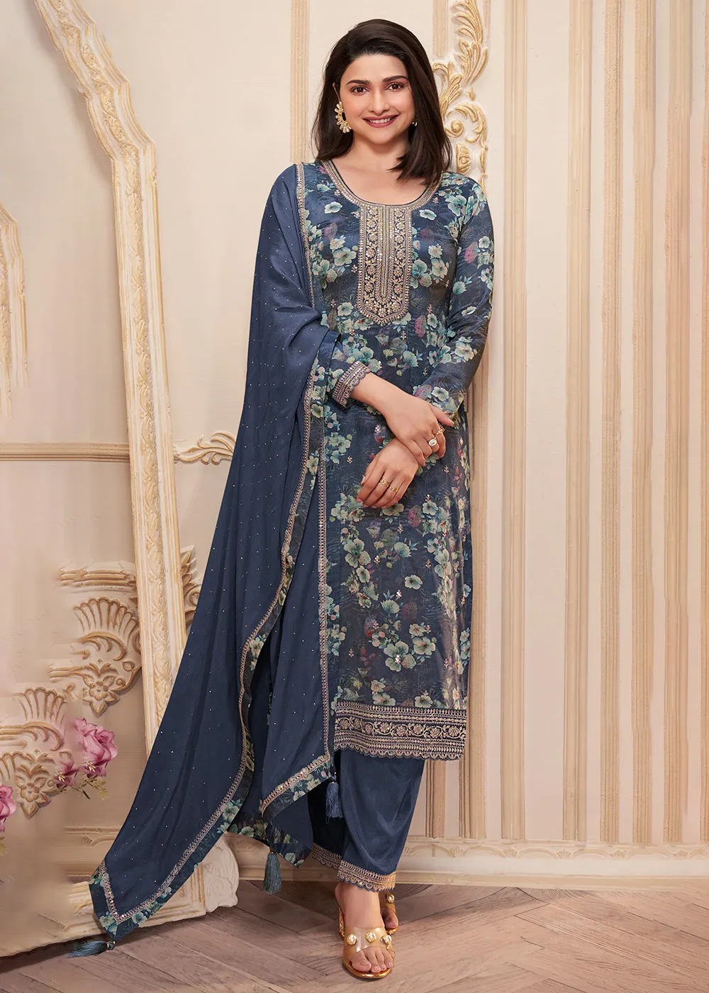 Blue Digital Printed Chinnon Festive Salwar Kameez