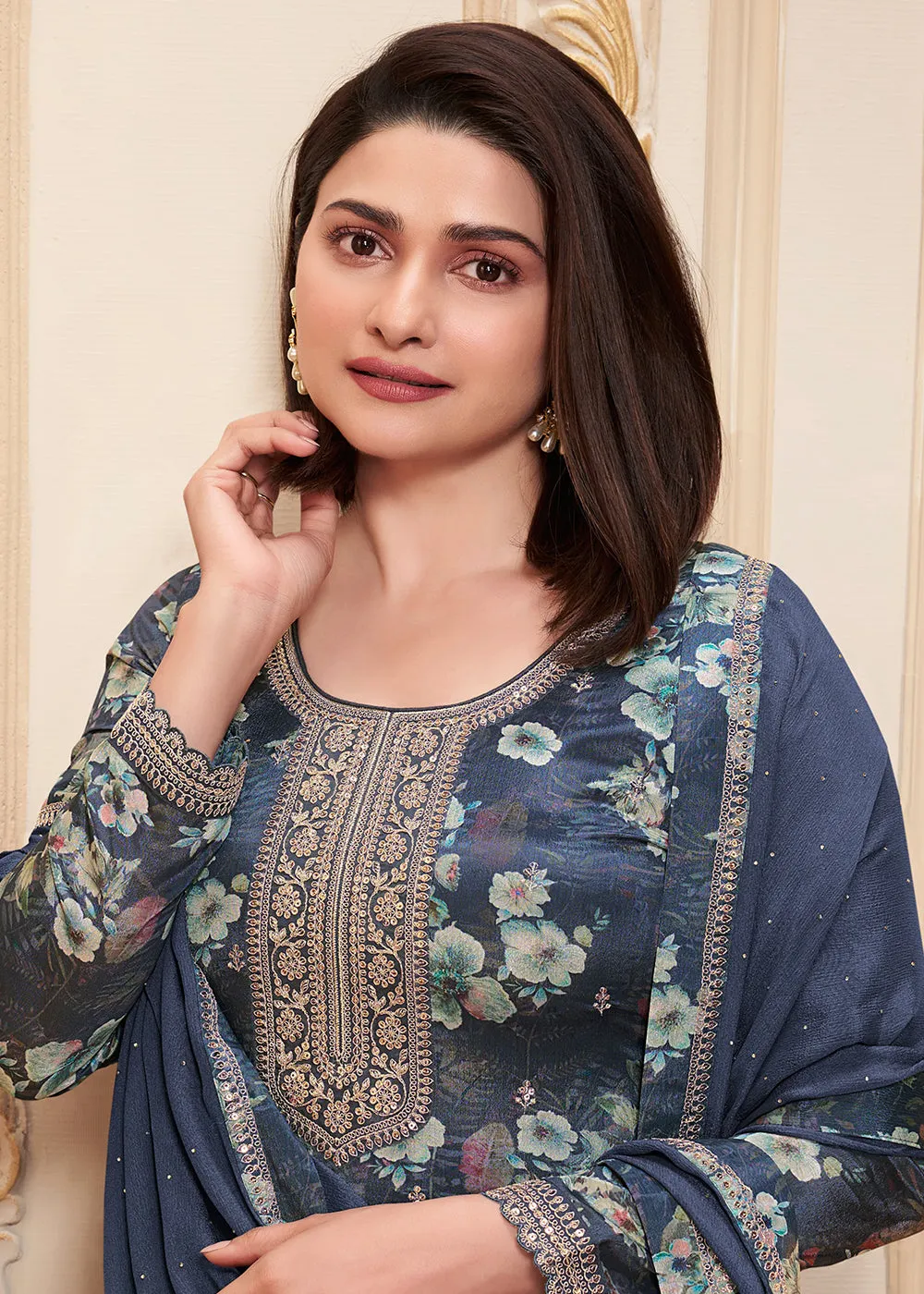 Blue Digital Printed Chinnon Festive Salwar Kameez