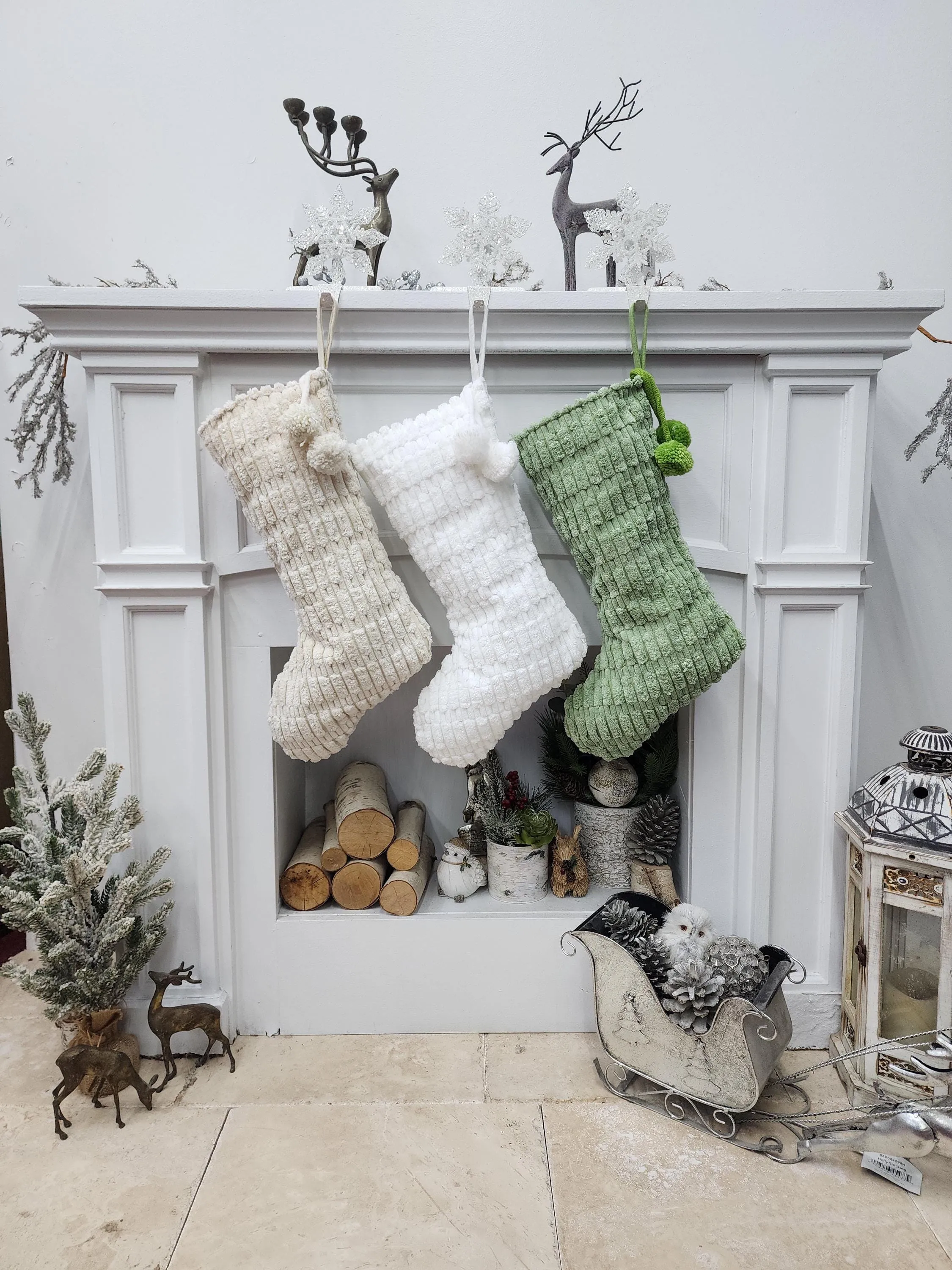 Boho Christmas Stockings with Pom Poms | Sage Cream White Fabric Chic Modern Style Farmhouse  Textured Personalized Embroidered Name or Tag