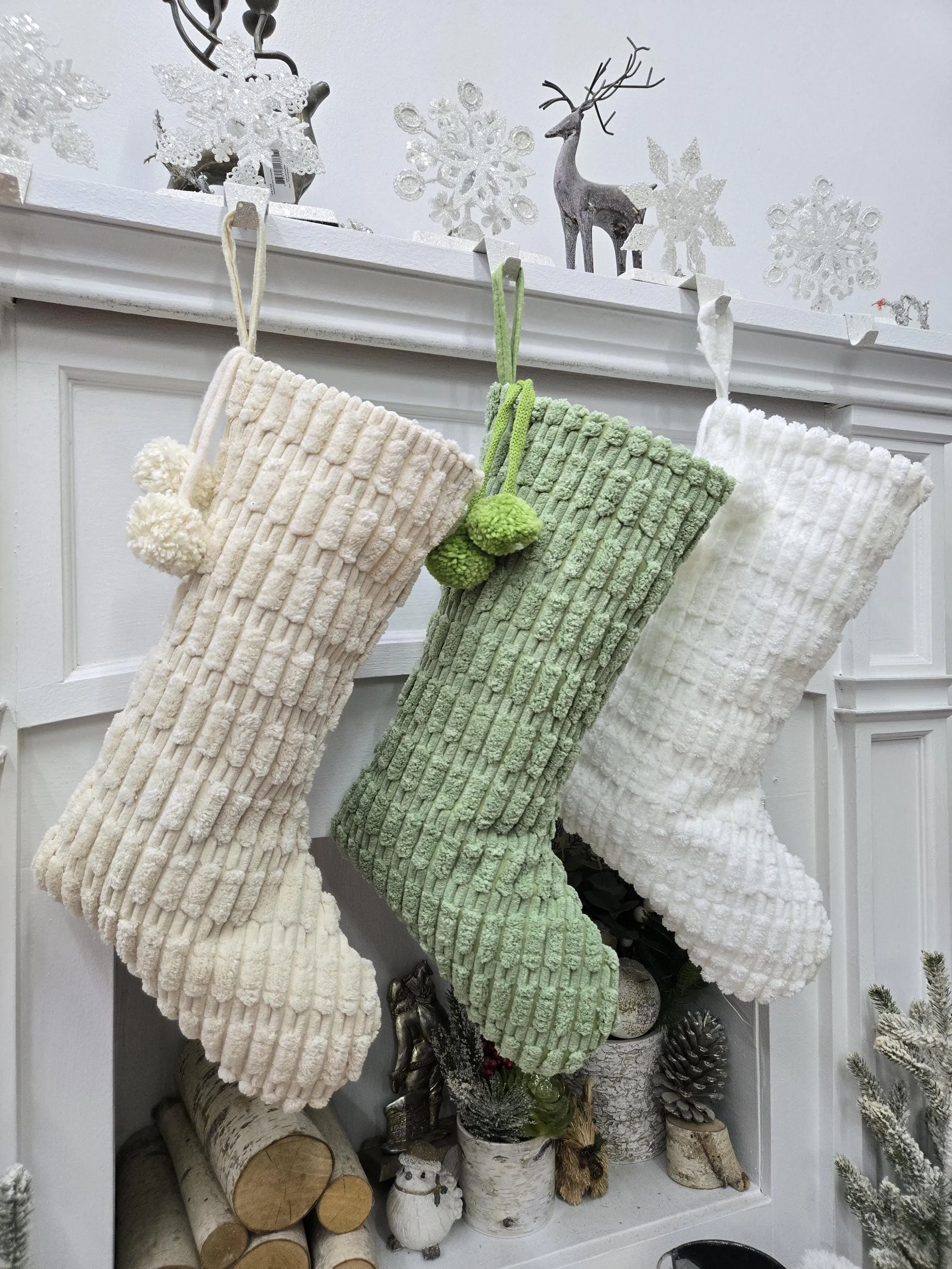 Boho Christmas Stockings with Pom Poms | Sage Cream White Fabric Chic Modern Style Farmhouse  Textured Personalized Embroidered Name or Tag