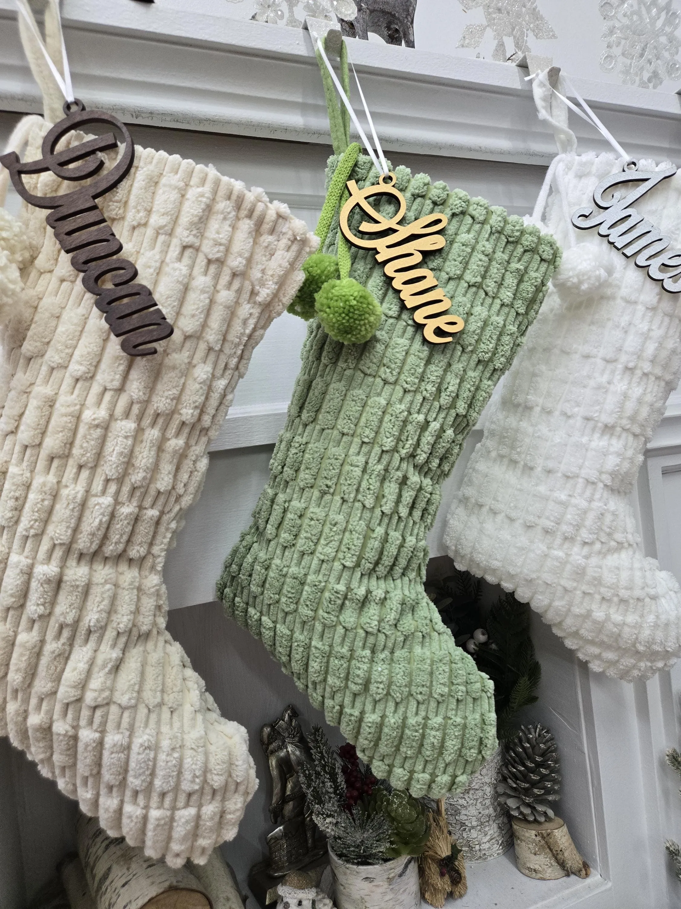 Boho Christmas Stockings with Pom Poms | Sage Cream White Fabric Chic Modern Style Farmhouse  Textured Personalized Embroidered Name or Tag