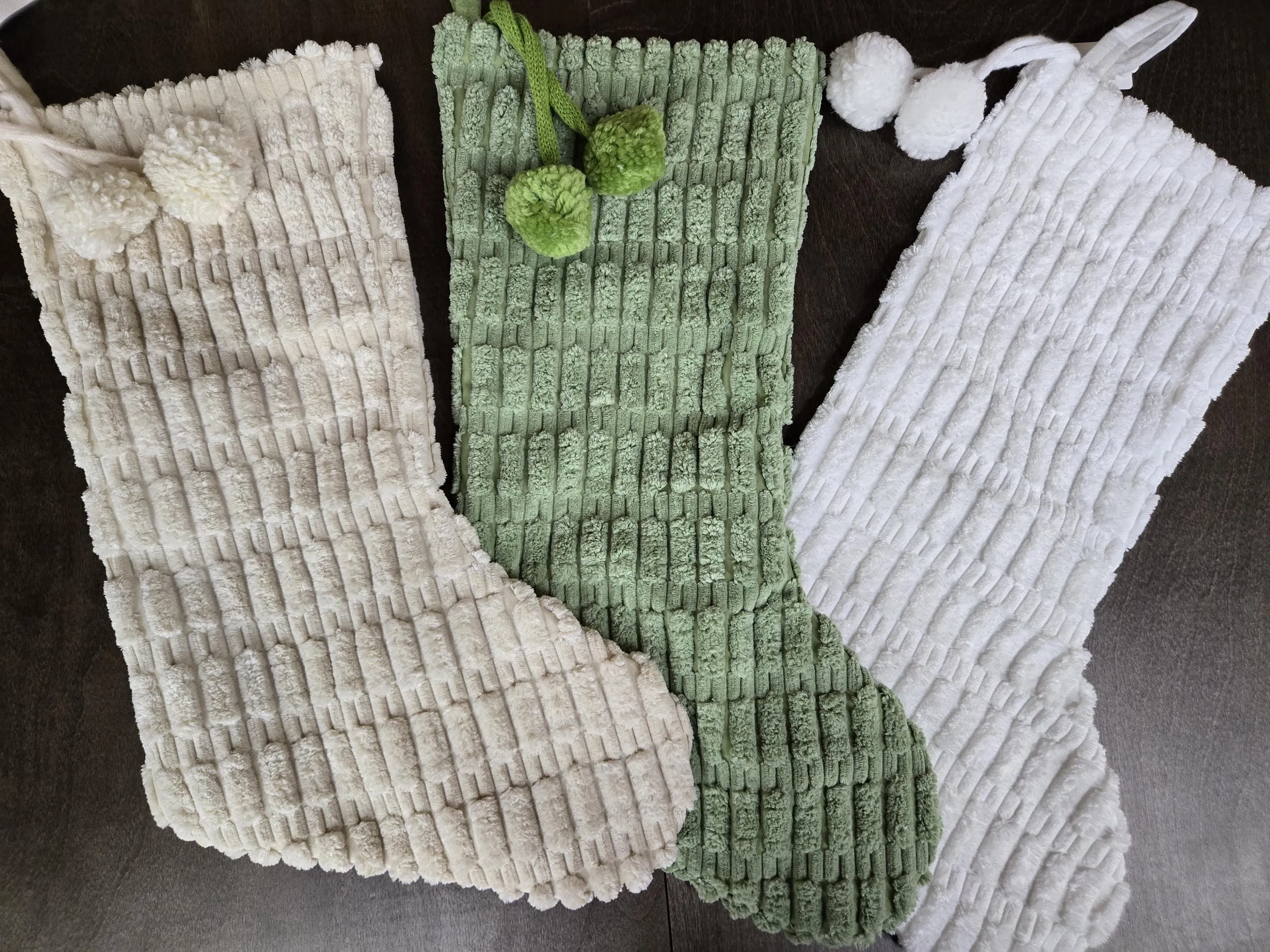 Boho Christmas Stockings with Pom Poms | Sage Cream White Fabric Chic Modern Style Farmhouse  Textured Personalized Embroidered Name or Tag