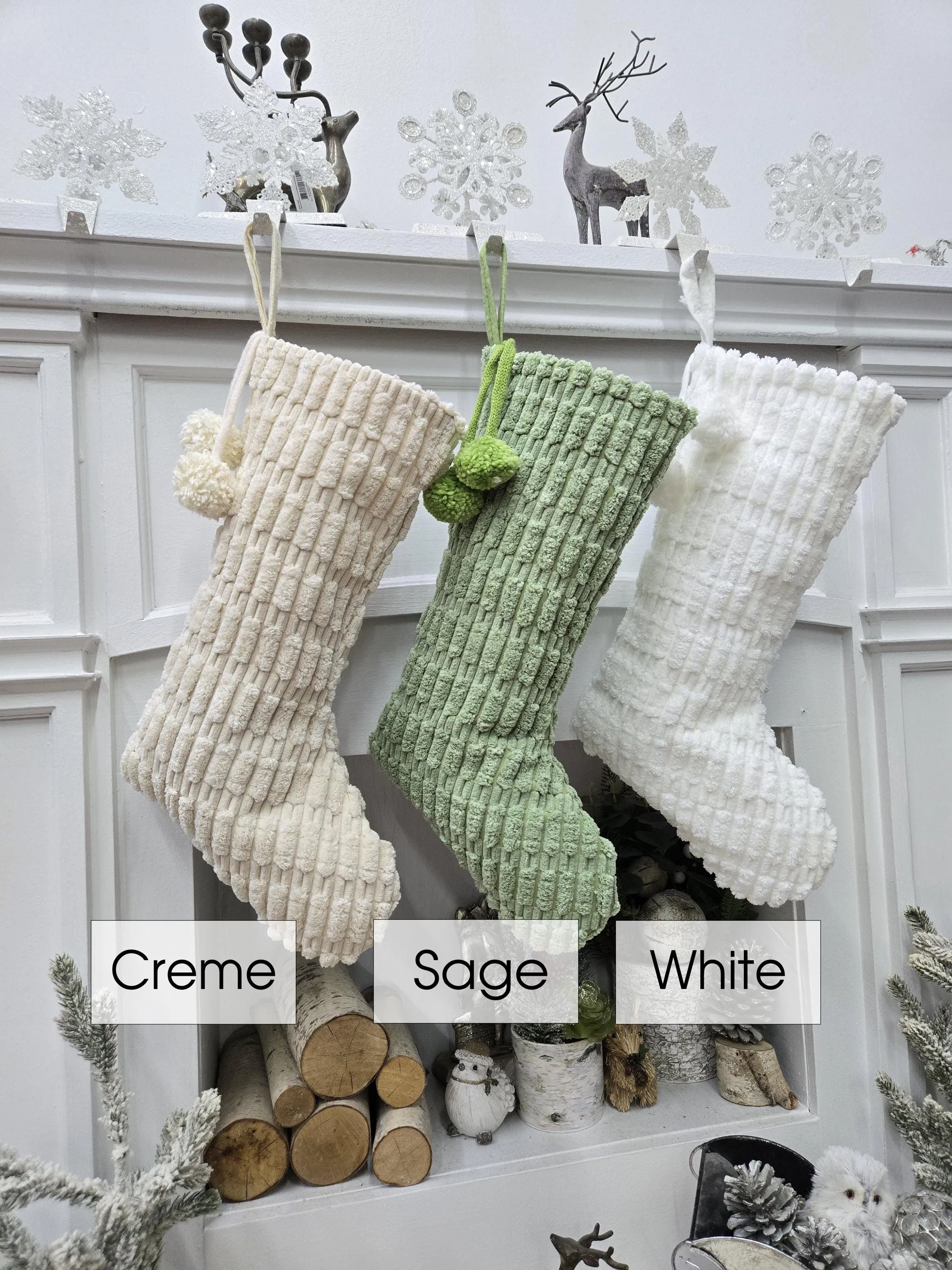 Boho Christmas Stockings with Pom Poms | Sage Cream White Fabric Chic Modern Style Farmhouse  Textured Personalized Embroidered Name or Tag