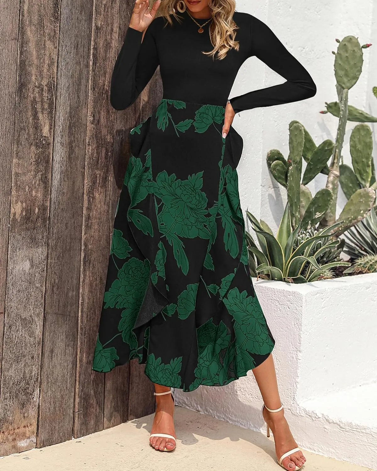BTFBM Womens Floral Maxi Dress Spring Summer Casual Crewneck Long Sleeve Ruffle Flowy Cocktail Wedding Guest Dresses