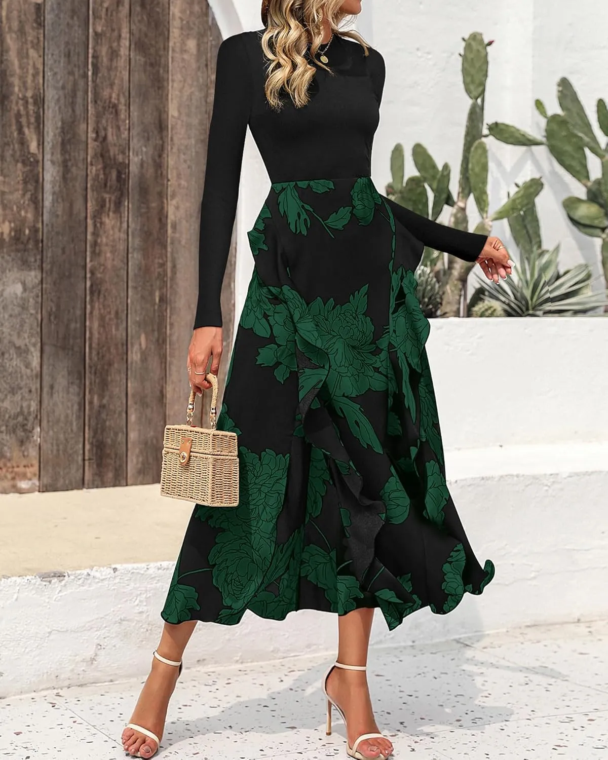 BTFBM Womens Floral Maxi Dress Spring Summer Casual Crewneck Long Sleeve Ruffle Flowy Cocktail Wedding Guest Dresses