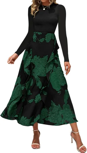BTFBM Womens Floral Maxi Dress Spring Summer Casual Crewneck Long Sleeve Ruffle Flowy Cocktail Wedding Guest Dresses