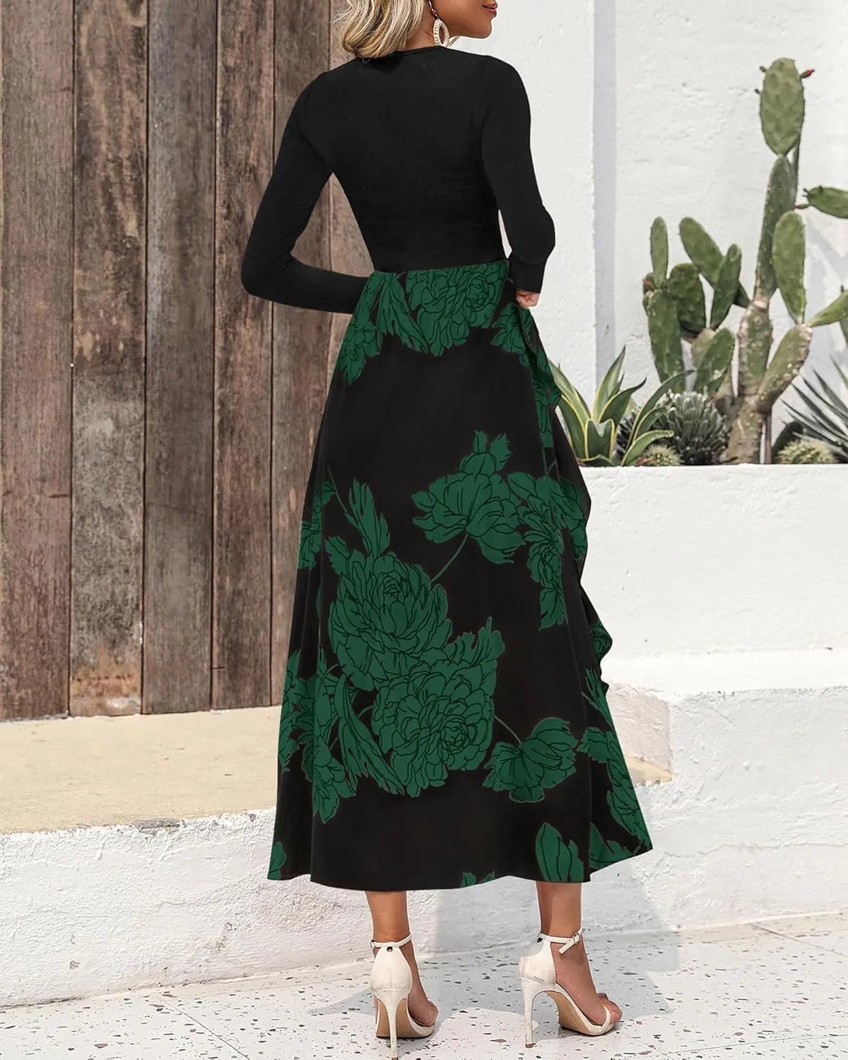 BTFBM Womens Floral Maxi Dress Spring Summer Casual Crewneck Long Sleeve Ruffle Flowy Cocktail Wedding Guest Dresses