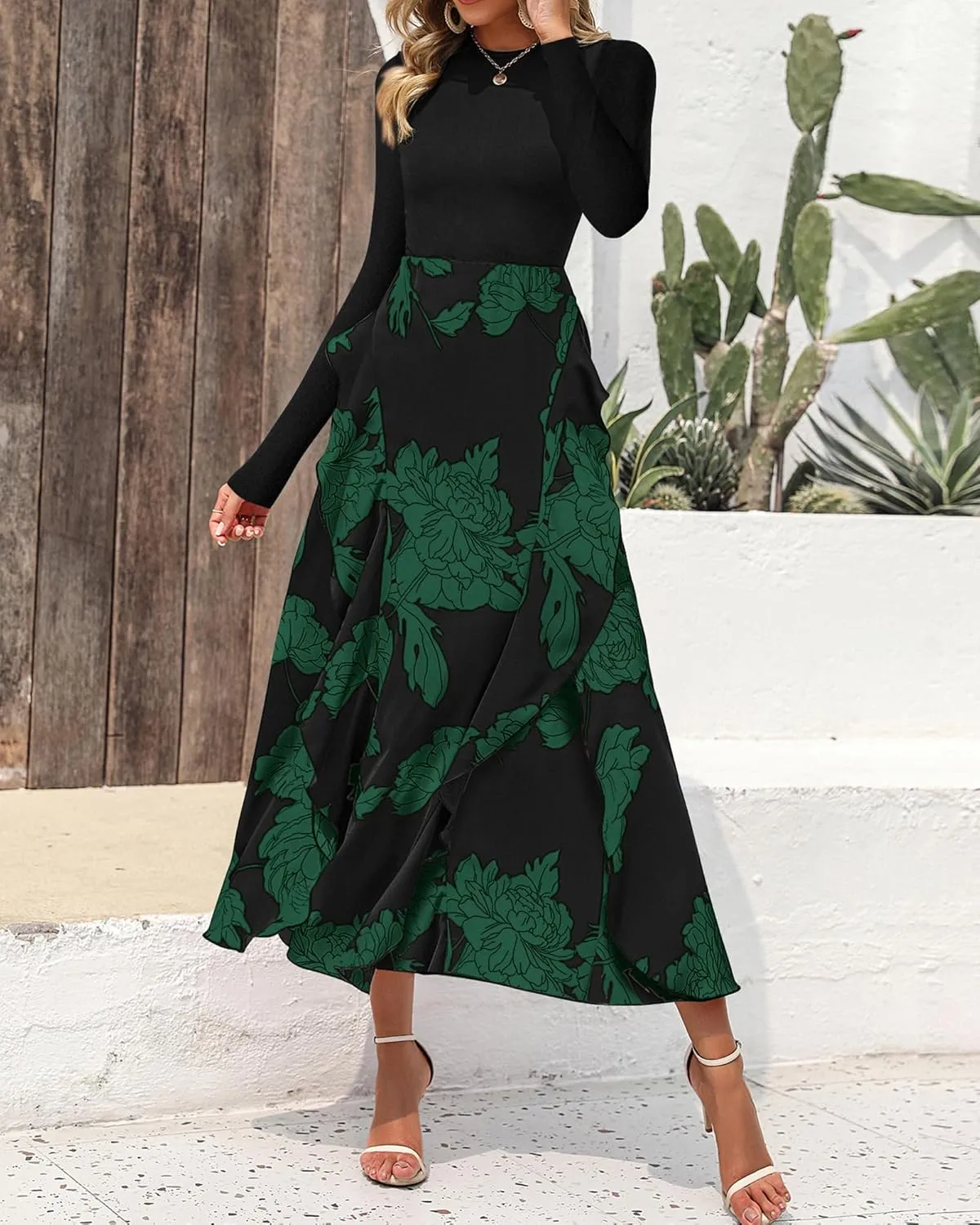 BTFBM Womens Floral Maxi Dress Spring Summer Casual Crewneck Long Sleeve Ruffle Flowy Cocktail Wedding Guest Dresses
