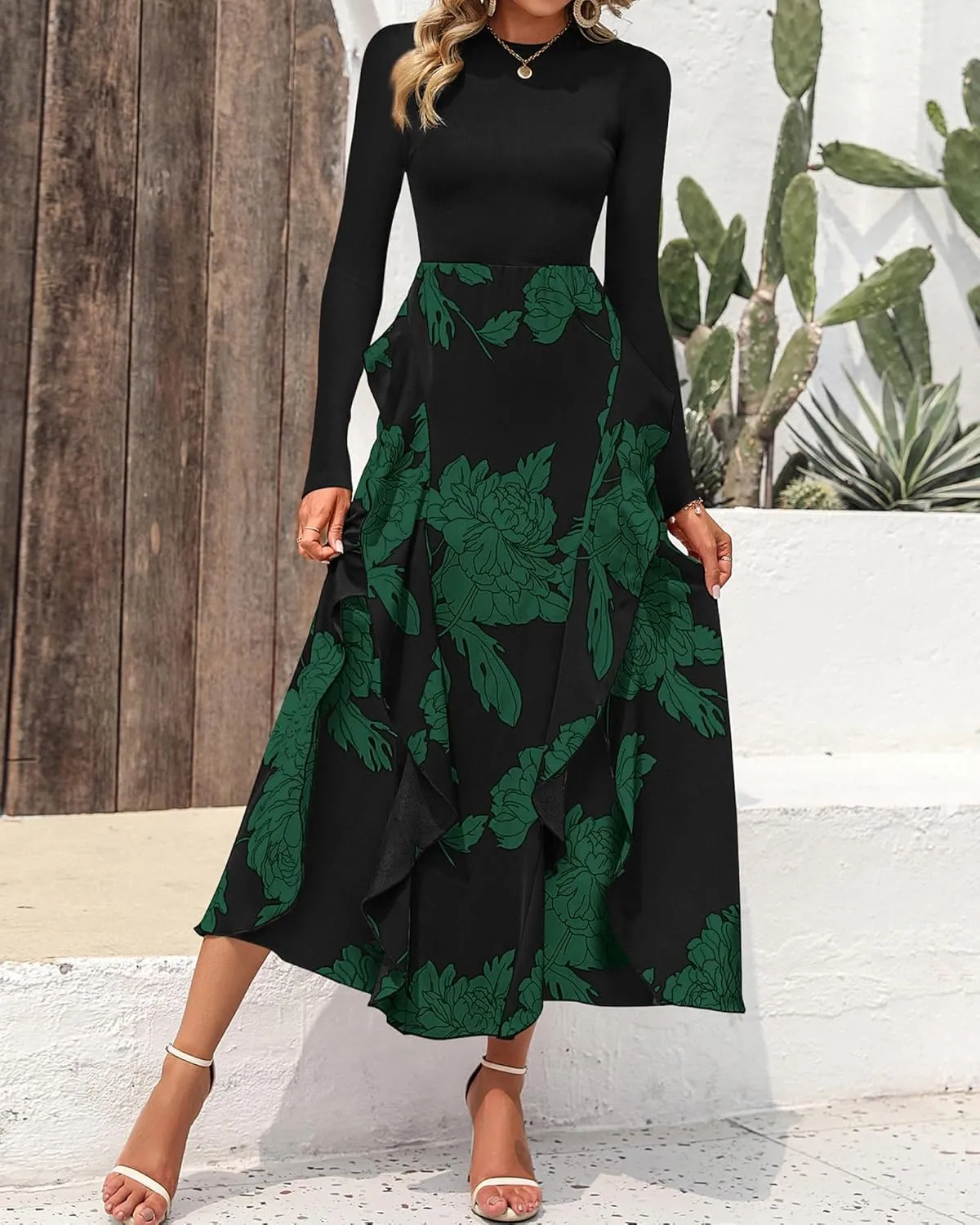 BTFBM Womens Floral Maxi Dress Spring Summer Casual Crewneck Long Sleeve Ruffle Flowy Cocktail Wedding Guest Dresses