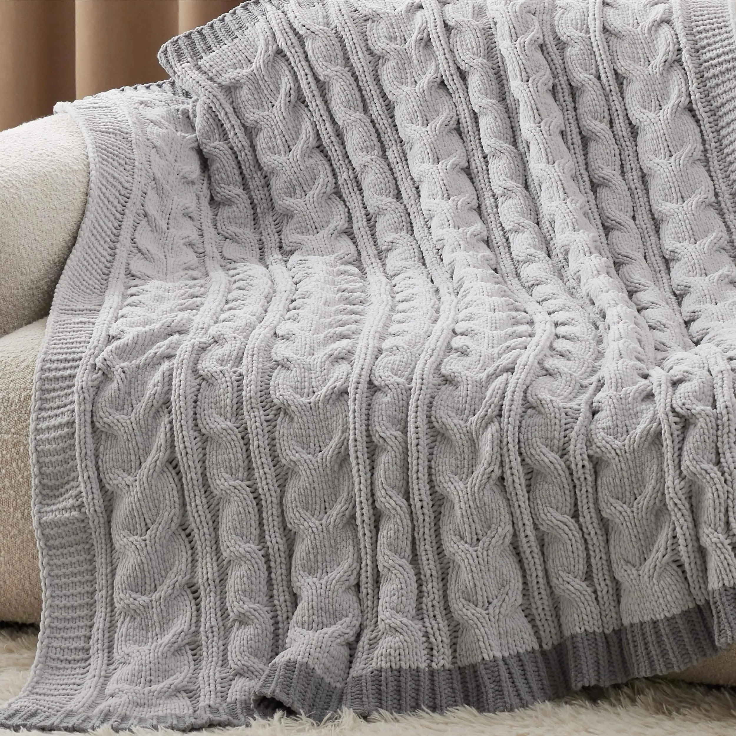 Cable Chenille Chunky Knit Throw Blanket