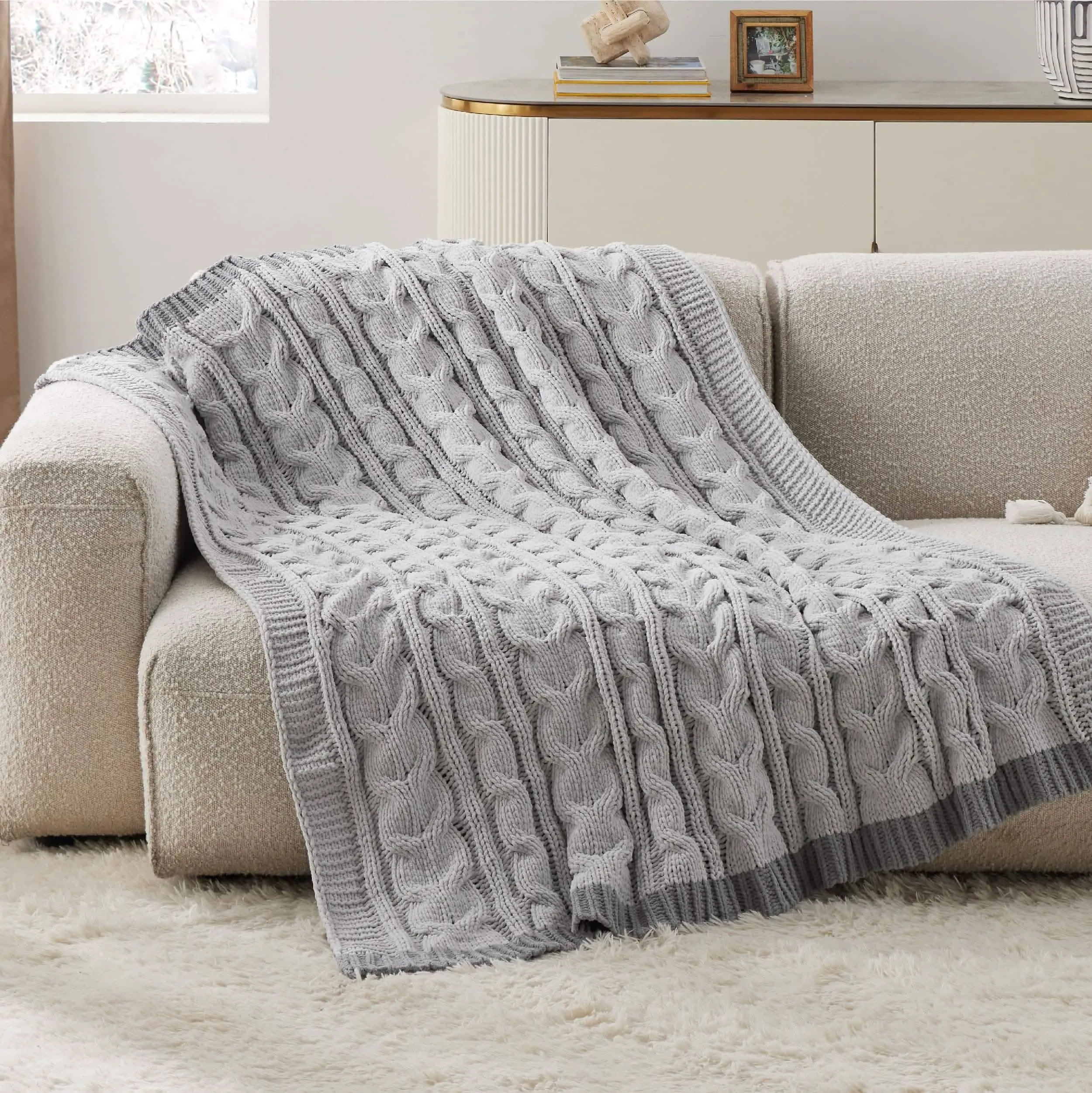 Cable Chenille Chunky Knit Throw Blanket