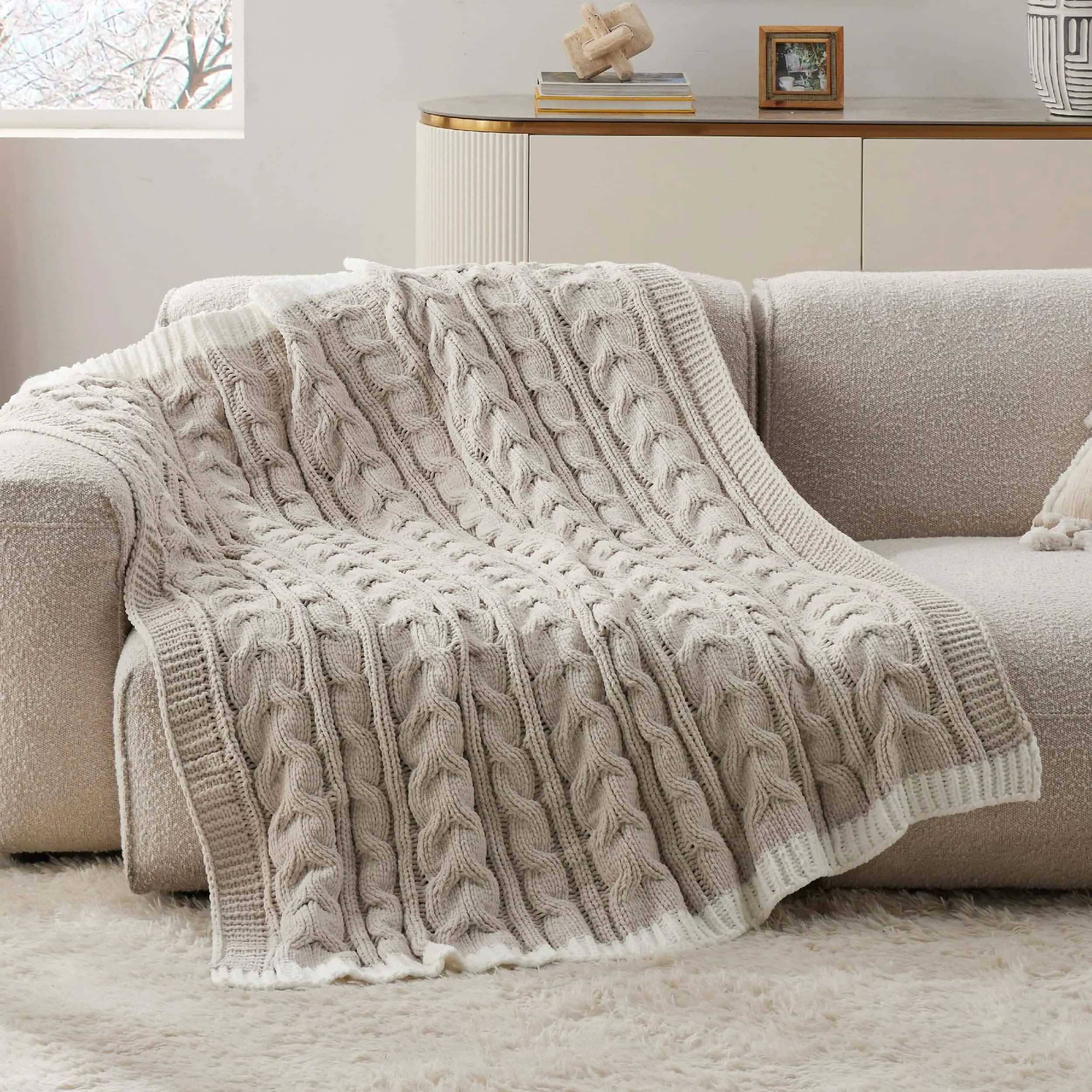 Cable Chenille Chunky Knit Throw Blanket