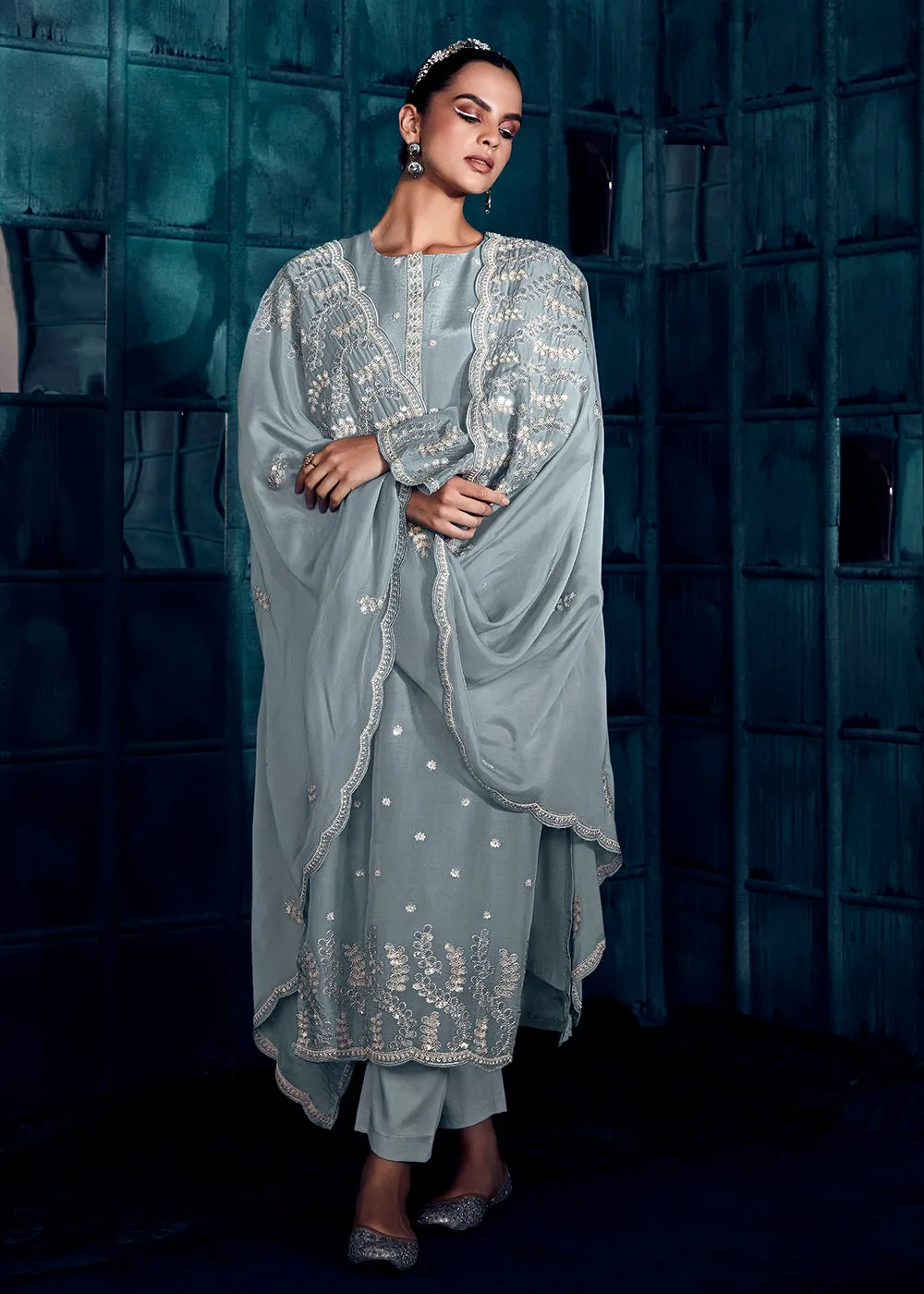 Charming Grey Modale Silk Embroidered Festive Salwar Suit