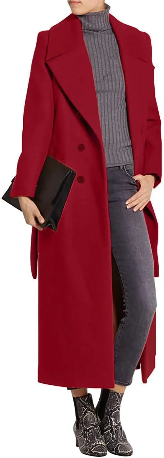 CHARTOU Women's Elegant Lapel Collar Double Breasted Regular Wool Blend Overcoat Coat Belt