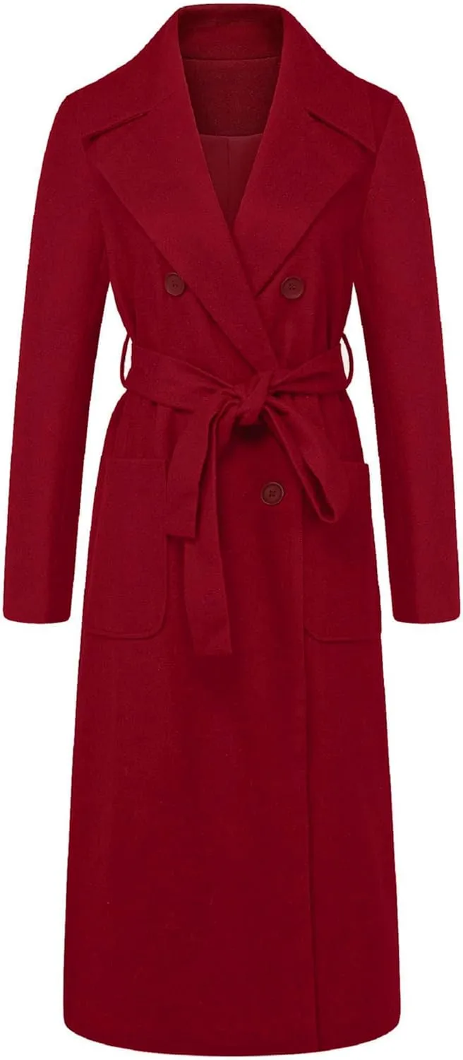 CHARTOU Women's Elegant Lapel Collar Double Breasted Regular Wool Blend Overcoat Coat Belt